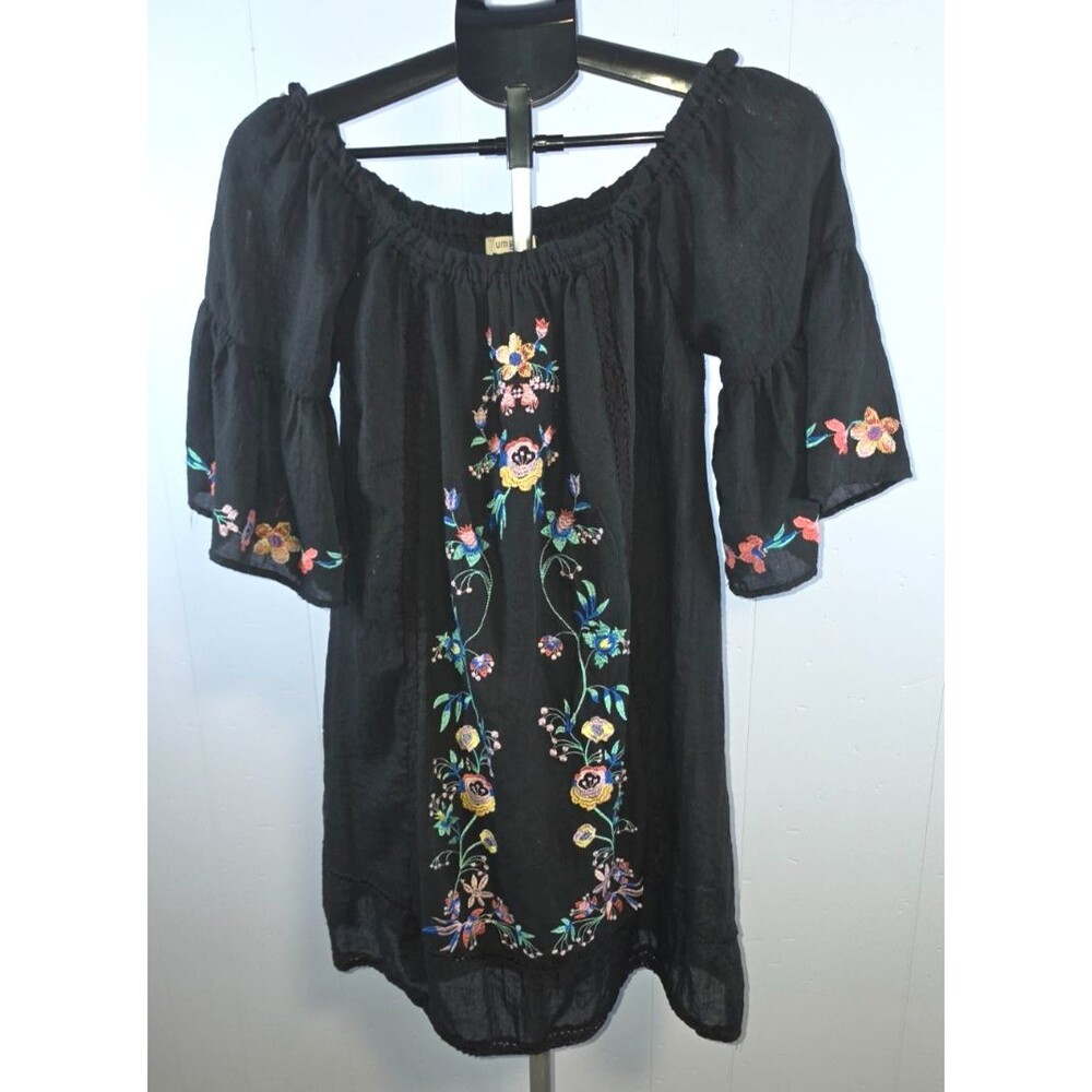 Umgee USA Black Bohemian Boho Pheasant Floral Embroidered Dress Medium M